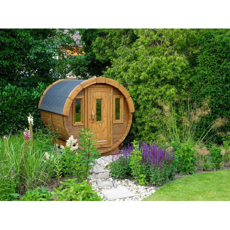 Sauna tonneau extérieur en Thermowood – chauffage rapide grâce à une volume de chauffe réduite