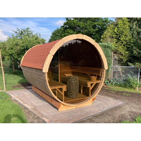 Sauna tonneau extérieur en Thermowood – chauffage rapide grâce à une volume de chauffe réduite