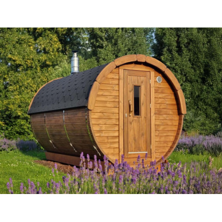 Sauna tonneau extérieur en Thermowood – chauffage rapide grâce à une volume de chauffe réduite