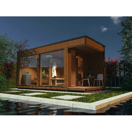 Sauna Moderne rectangulaire en Thermowood avec large baies vitrées