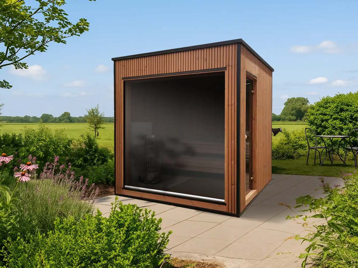 Sauna Moderne rectangulaire en Thermowood avec large baies vitrées