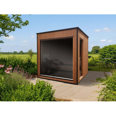 Sauna Moderne rectangulaire en Thermowood avec large baies vitrées