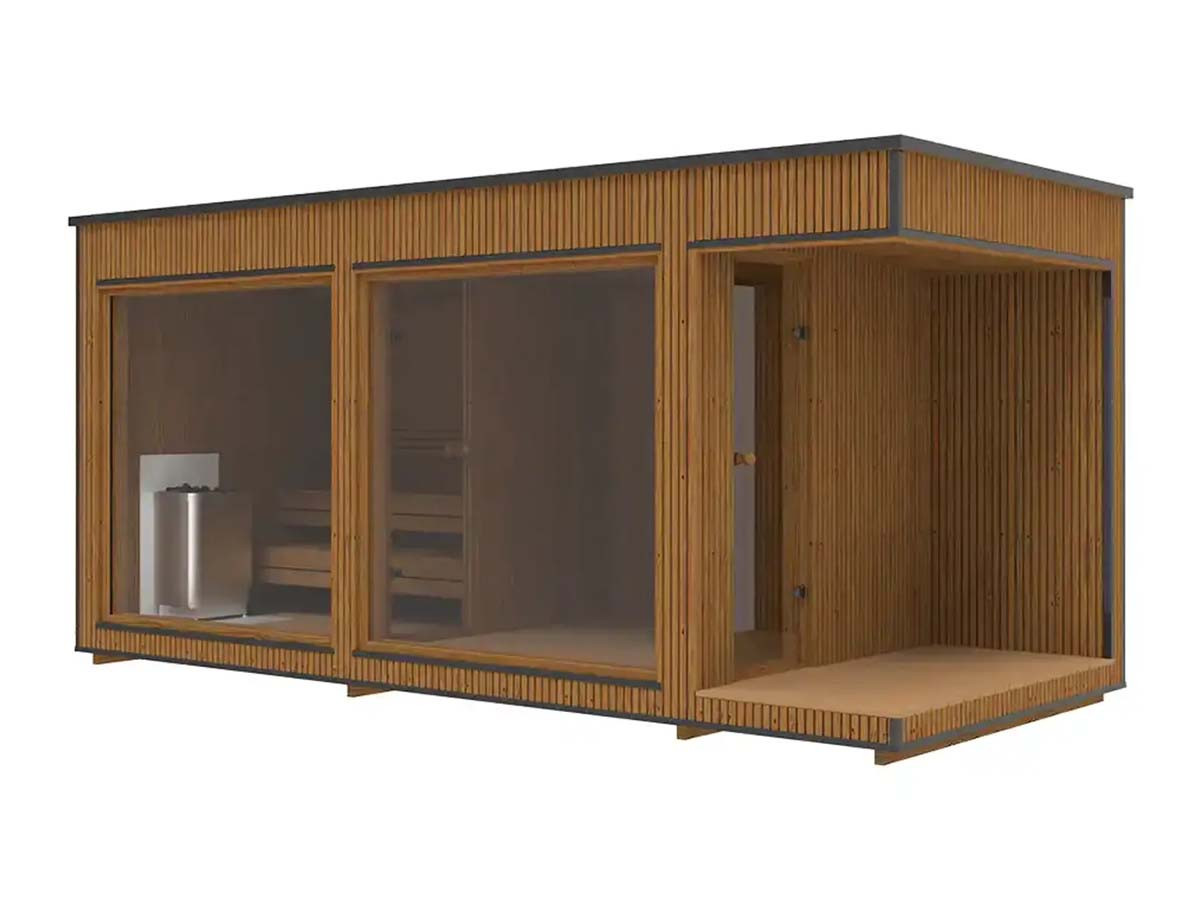 Sauna Moderne rectangulaire en Thermowood avec large baies vitrées