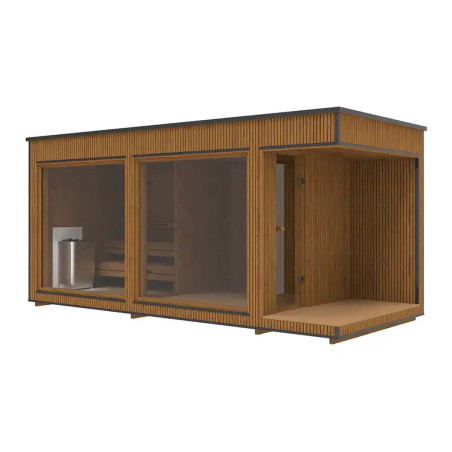 Sauna Moderne rectangulaire en Thermowood avec large baies vitrées
