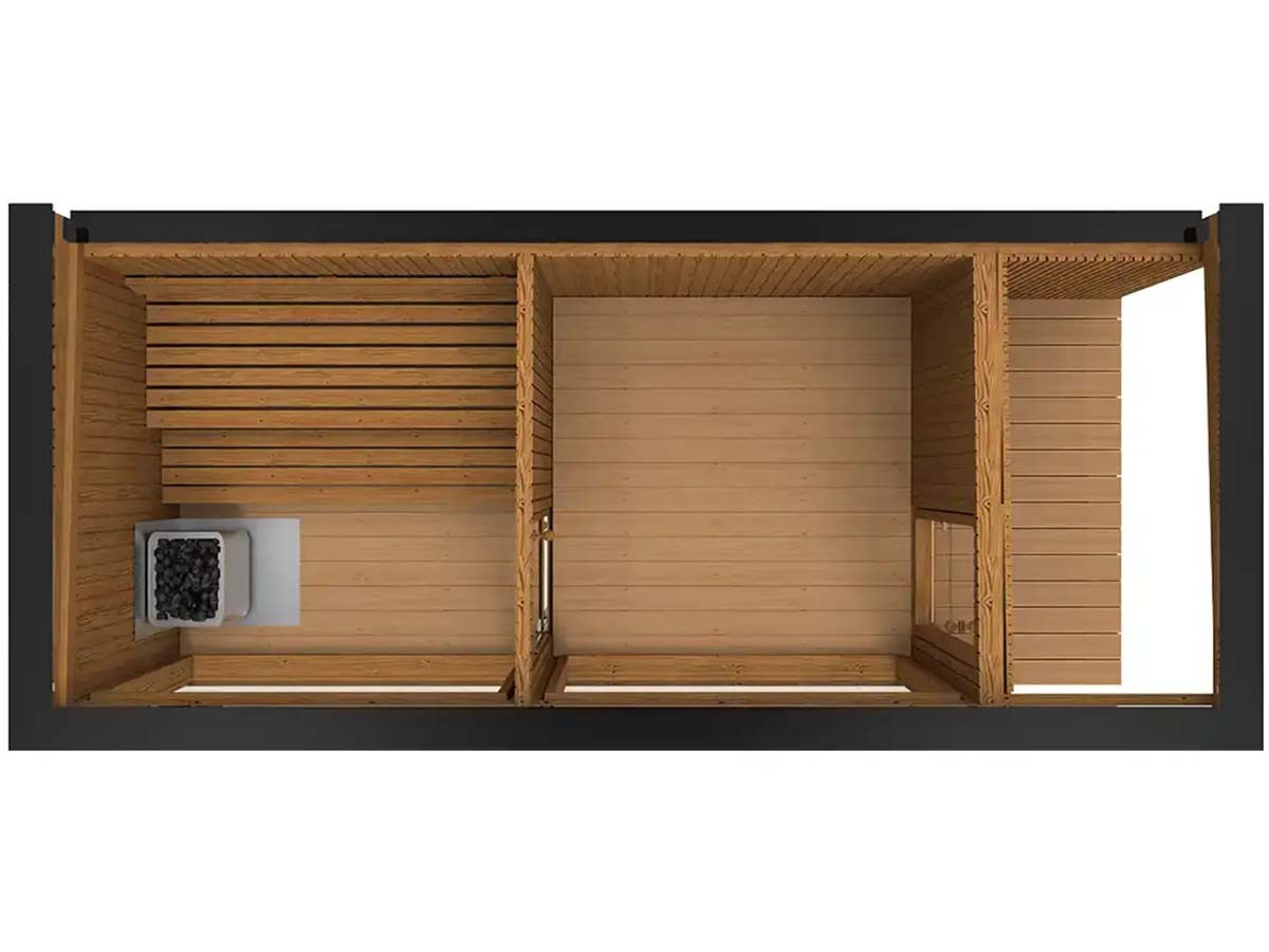 Sauna Moderne rectangulaire en Thermowood avec large baies vitrées