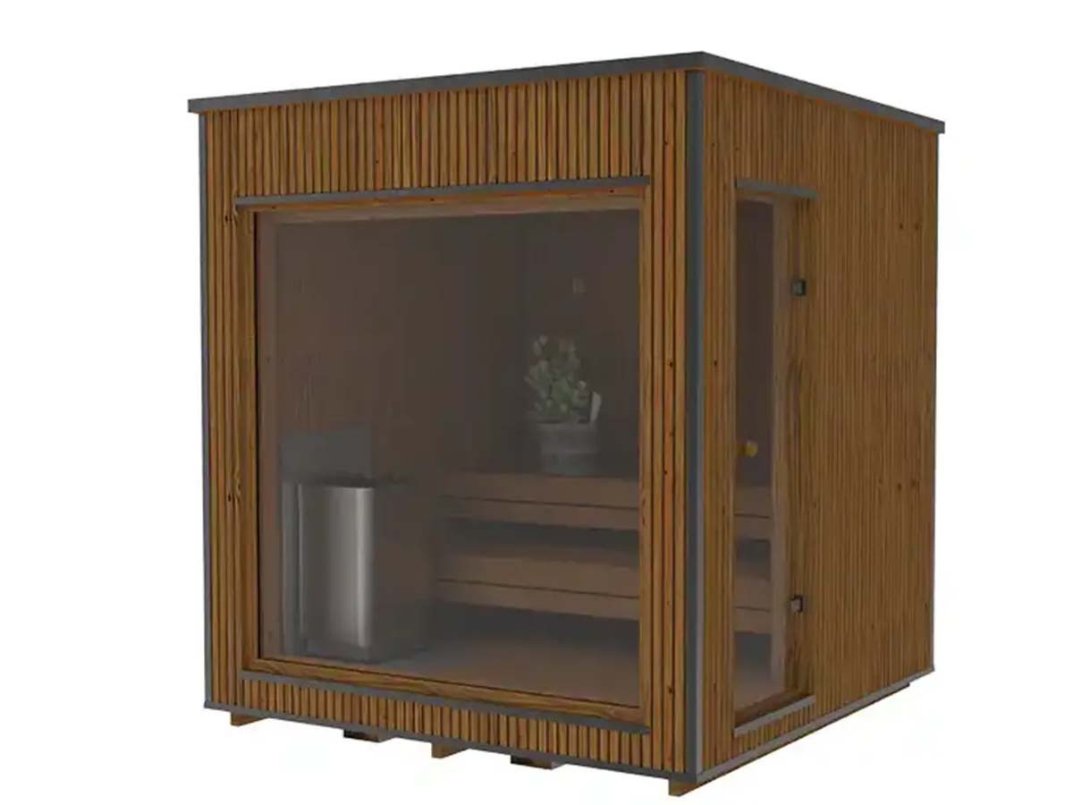 Sauna Moderne rectangulaire en Thermowood avec large baies vitrées