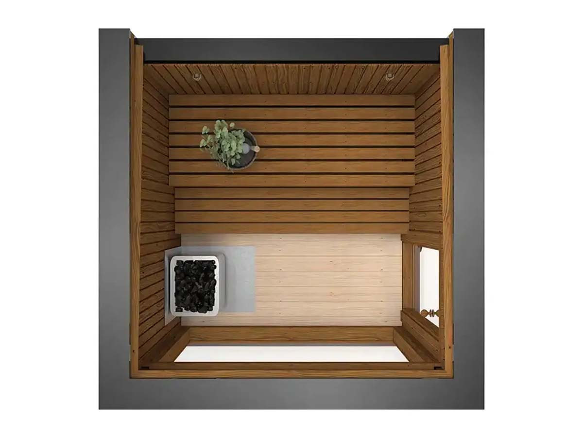 Sauna Moderne rectangulaire en Thermowood avec large baies vitrées