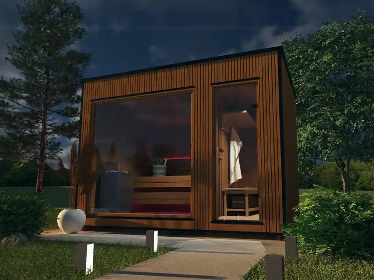 Sauna Moderne rectangulaire en Thermowood avec large baies vitrées