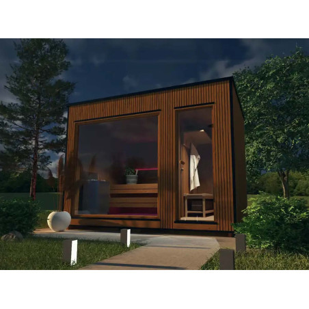 Sauna Moderne rectangulaire en Thermowood avec large baies vitrées