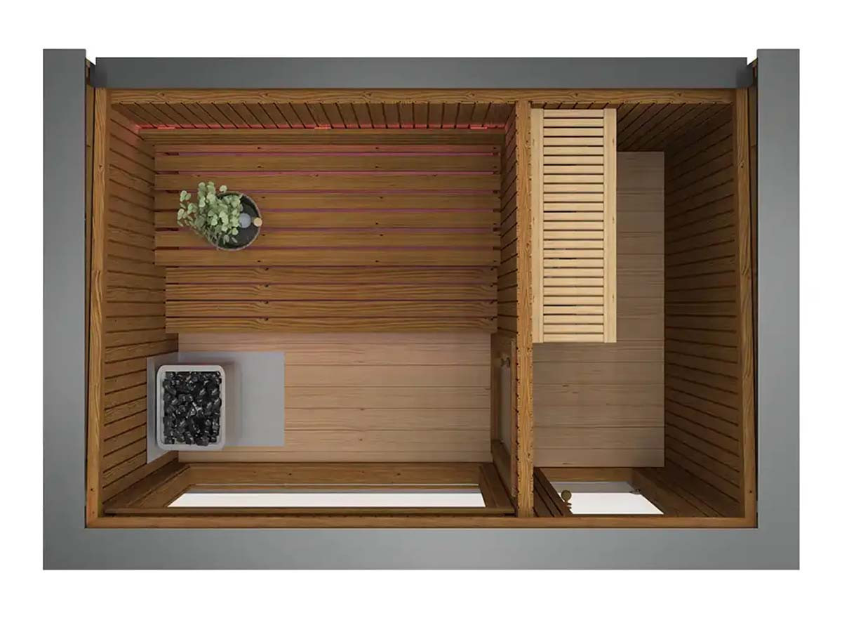 Sauna Moderne rectangulaire en Thermowood avec large baies vitrées